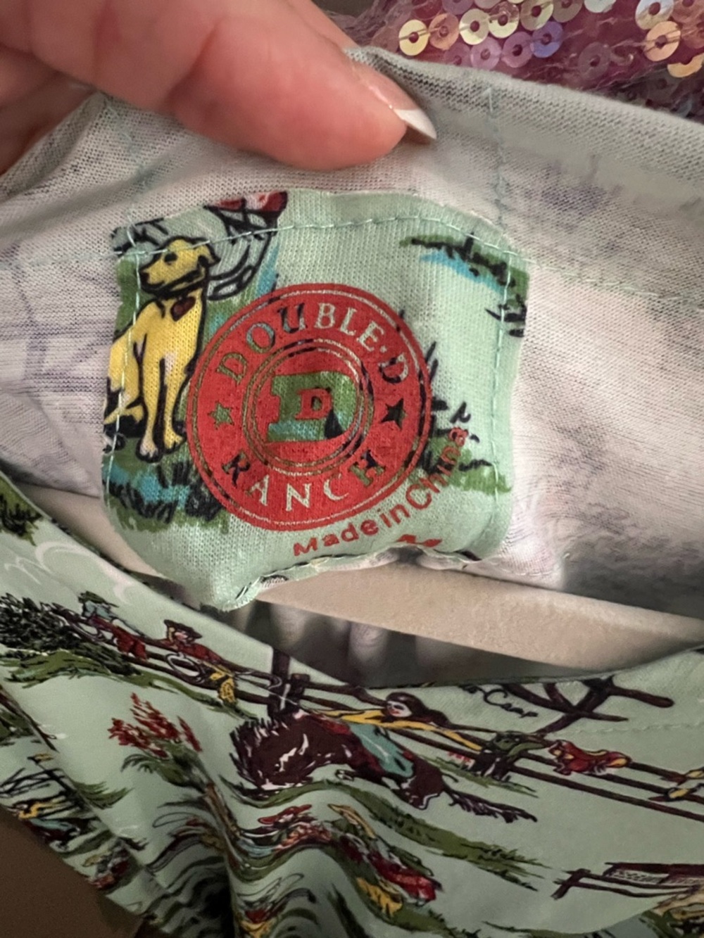 Double D Ranch Cowgirl Cowboy Print Ruffle Hem Dress Size Medium - Picture 4 of 5